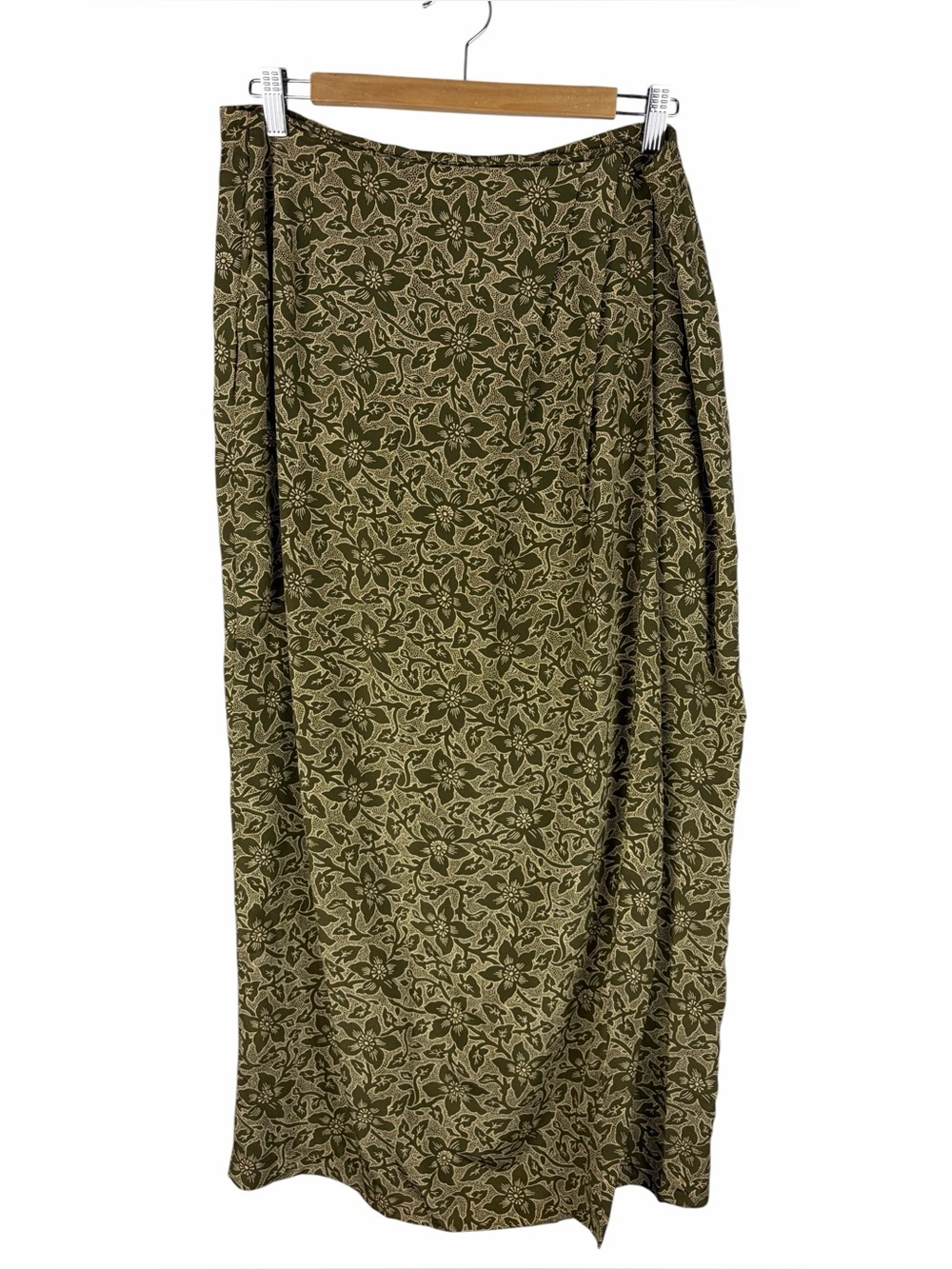 Galinda Olive Green Floral Faux Wrap Midi Skirt 100% Silk Size 10